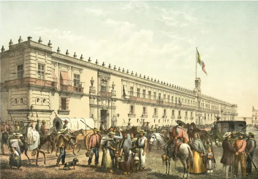 Litografía del Palacio Nacional de México con la bandera mexicana, rodeado de personas, carretas y caballos en la plaza.