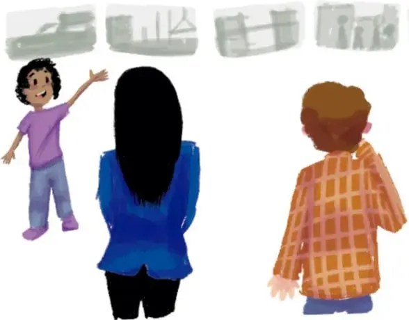 Ilustración de tres estudiantes (uno con playera morada, otra con suéter azul y otro con camisa a cuadros) observando una galería de imágenes escolares. Al lado derecho, los incisos a) y b) del ejercicio 1.