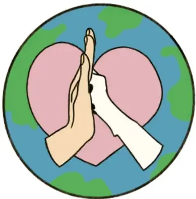 Ilustración circular con la Tierra en azul y verde, un corazón rosa y dos manos que chocan las palmas en alto cinco: una mano humana y una pata blanca de animal; de Guillermo de Marco Rojas Palos, Jalisco.
