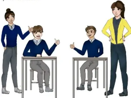 Ilustración de cuatro estudiantes (dos de pie, dos sentados con pulgar arriba) evaluando su trabajo en equipo, con crédito a Ariadna Valencia Ortega, Ciudad de México.