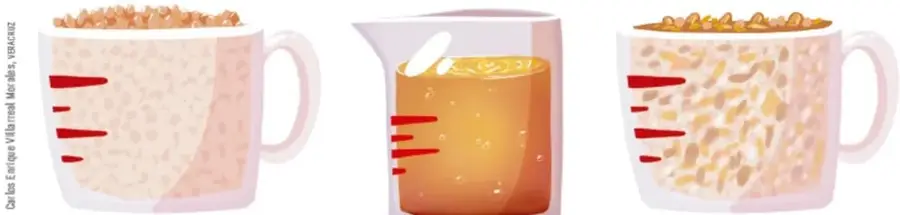 Tazones con semillas y granos: lentejas, ajonjolí, avena y una mezcla de cereal con miel.