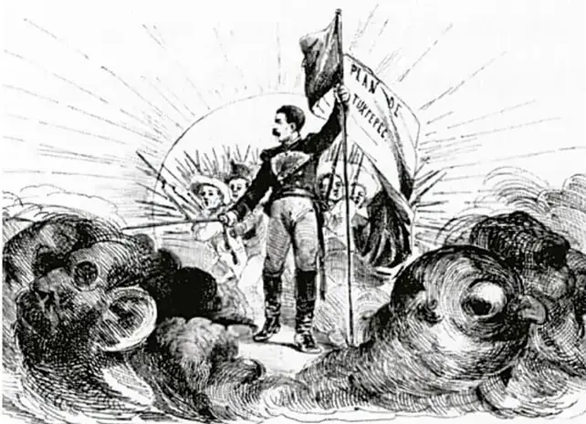 Ilustración en blanco y negro que muestra a un hombre en actitud desafiante sosteniendo una bandera con la inscripción 'Plan de Tuxtepec'. A su alrededor hay figuras que representan a diversos grupos sociales y políticos, en un ambiente de conflicto.