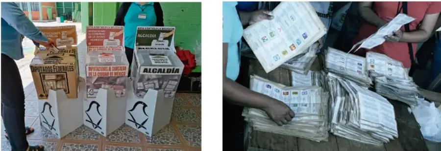 Personas frente a urnas electorales con carteles de 'Diputados Federales', 'Presidentes Municipales' y 'Alcaldía', durante una jornada de votación.