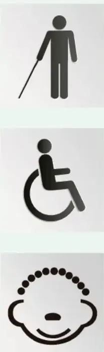 Tres pictogramas: persona con bastón (discapacidad visual), persona en silla de ruedas (discapacidad física) y rostro con símbolo de discapacidad intelectual.