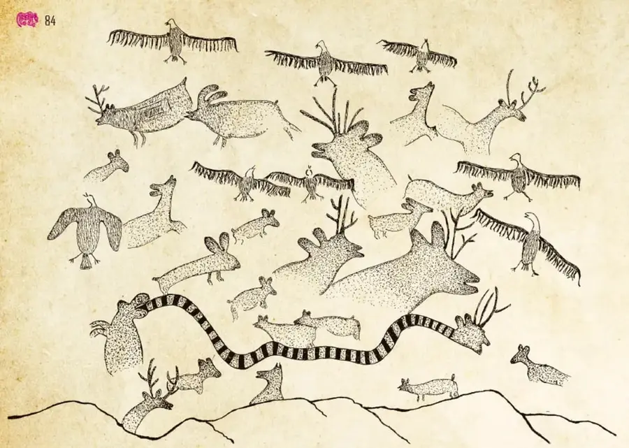 Ilustración de estilo rupestre con venados, aves y una serpiente de rayas sobre un fondo color pergamino.