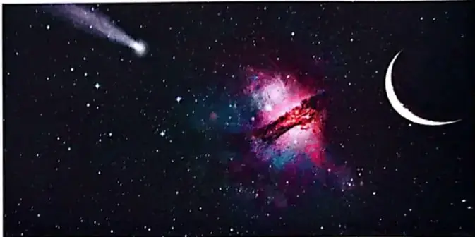 Ilustraciones de personas observando el cielo y Galileo Galilei utilizando un telescopio.
