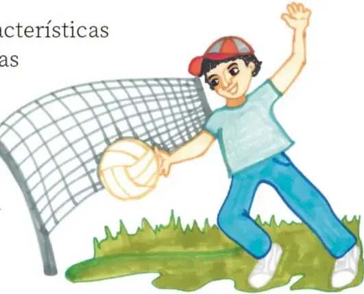 Ilustración de un niño con gorra roja y camiseta verde jugando con un balón junto a una portería de fútbol sobre pasto. Crédito: Nohemí Santibáñez López, Ciudad de México.