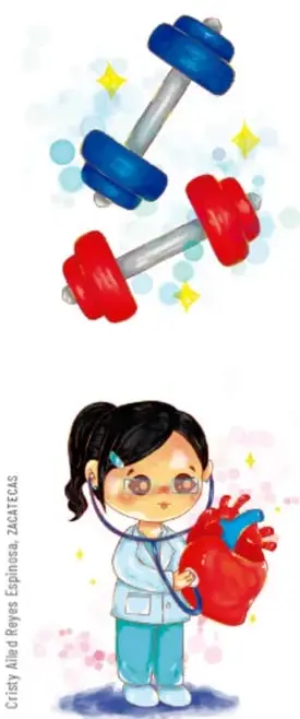 Ilustración de dos pesas, una azul y una roja, con destellos.