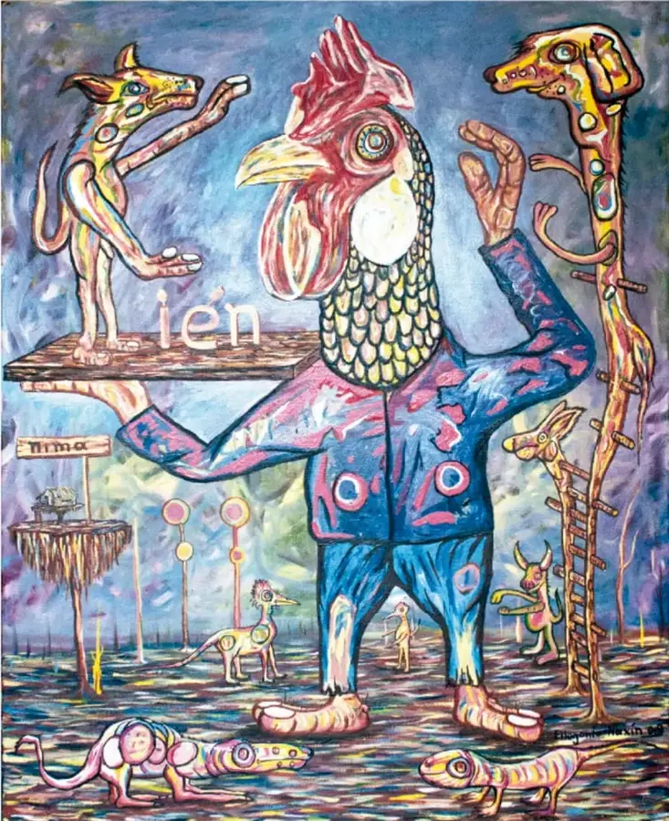 Obra pictórica titulada 'Ién nima / Palabra mazateca' de Filogonio Naxín. Muestra a un ser con cuerpo humano y cabeza de gallo, rodeado de animales fantásticos como perros alargados, lagartijas y un ser con forma de jirafa. Los colores son vivos y contrastantes, con un estilo naíf.