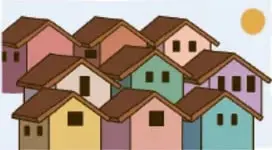 Ilustración de casas de colores con un sol.