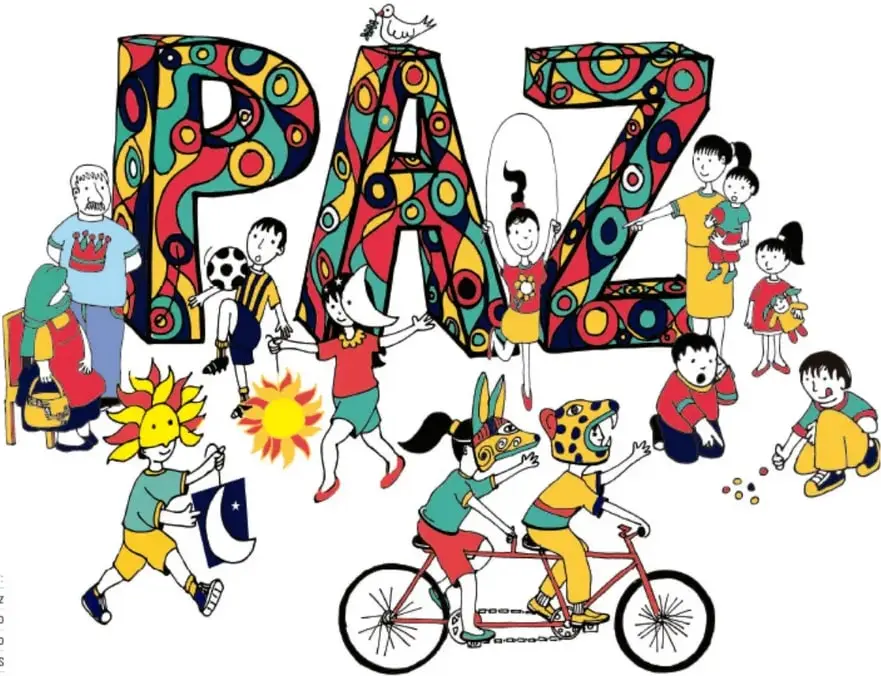 Ilustración colorida de la palabra «PAZ» rodeada de niños y niñas que juegan, corren, brincan la cuerda, andan en bicicleta-tándem y conviven en armonía, incluyendo personas adultas mayores.