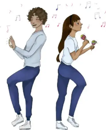 Ilustración de dos estudiantes (un joven y una joven) con expressiones alegres, caminando y portando instrumentos musicales (maracas), rodeados de notas musicales flotantes. Crédito: Ariadna Valencia Ortega, Ciudad de México.