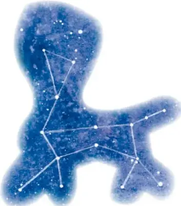 Mano con textura cósmica y constelaciones, tinta azul y estrellas.