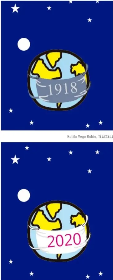 Dos recuadros con fondo azul nocturno con estrellas y luna: en el de arriba un globo terráqueo con cubrebocas gris y la etiqueta «1918»; en el de abajo otro globo con cubrebocas blanco y la etiqueta «2020»; crédito: Rutila Vega Rubio, TLAXCALA.