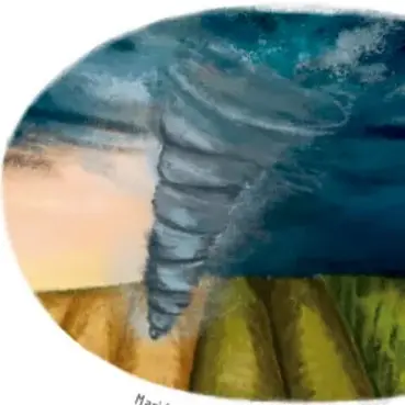 Ilustración de un tornado sobre un campo al atardecer, crédito a Marián Luna Cuéllar, Veracruz.