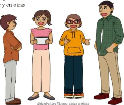 Ilustración de cuatro jóvenes de pie conversando, crédito Alejandra Lara Vázquez, Ciudad de México.