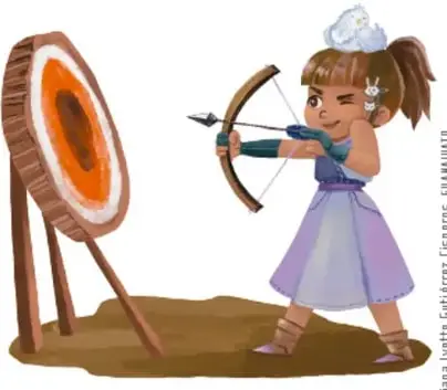 Arquera disparando un arco con liga elástica hacia una diana, ejemplo de material elástico
