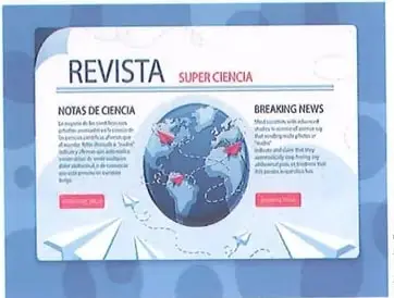 Ejemplo de portada de una revista titulada 'REVISTA SUPER CIENCIA' con secciones 'NOTAS DE CIENCIA' y 'BREAKING NEWS', e ilustración de globo terráqueo
