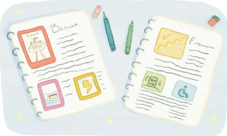 Ilustración de dos cuadernos con dibujos de rutas, amenazas y señales de seguridad, con plumones y lápices de colores alrededor.