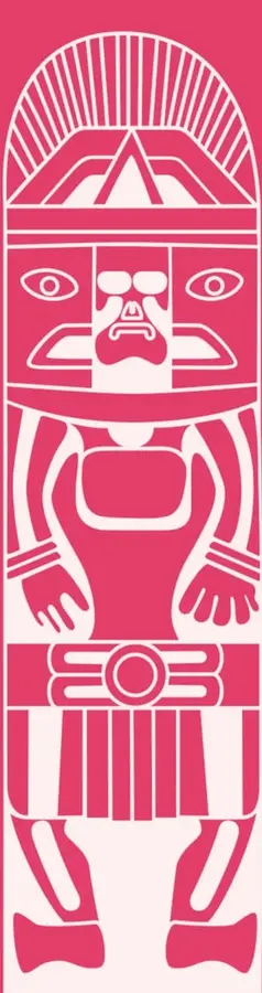 Ilustración estilizada en rosa y blanco de una figura prehispánica o tótem, con rostro, brazos y piernas geométricas, sobre fondo rosa.