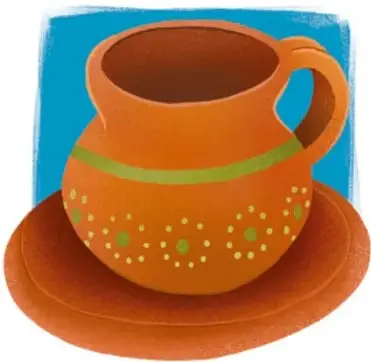 Ilustración de una taza o jarrón de barro color naranja con decoración de puntos verdes y blancos, sobre un plato de barro del mismo color, con fondo azul.