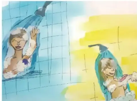 Ilustración de dos personas bañándose: una bajo la regadera y otra en una tina, con burbujas de jabón. Al lado izquierdo, texto vertical que dice 'Foto: Getty Images'.