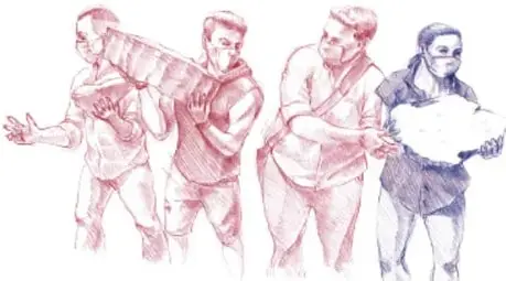 Ilustración de cuatro personas que cargan una camilla con un herido, rescatistas en acción.