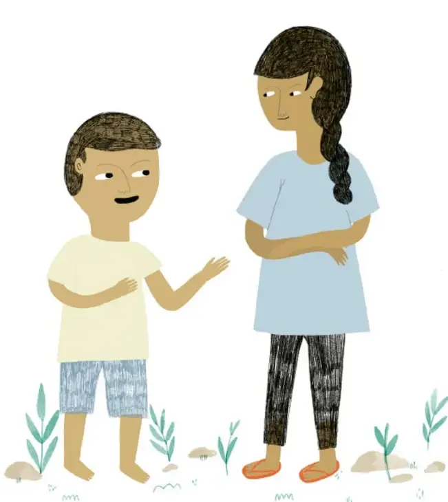 Ilustración a crayón de un niño de pantalón corto y una niña grande con brazos cruzados y ojos desconfiados, parados entre piedritas y plantas; sugiere poner límites frente a una persona extraña.