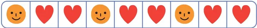 Tira de nueve recuadros con la secuencia: carita feliz, corazón, corazón, carita, corazón, corazón, carita, corazón, corazón.