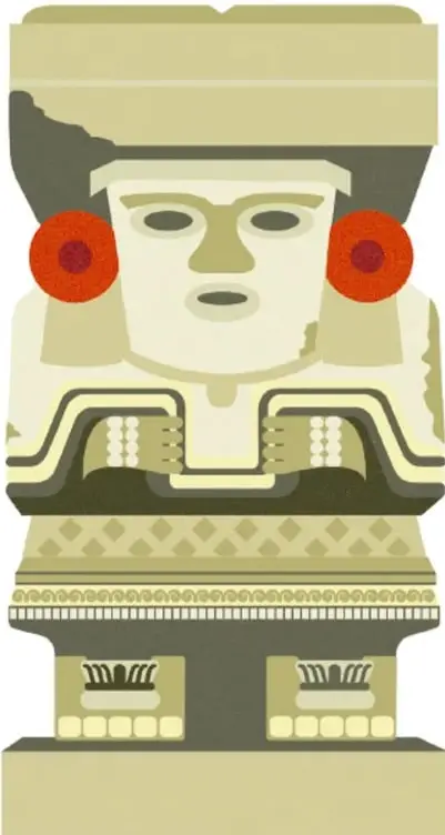 Ilustración estilizada de Chalchiuhtlicue en tonos verde oliva y rojo: gran tocado rectangular, rostro con ojos y boca ovalados, aretes circulares rojos, collar con tres filas de cuentas, faldón con rombos y sandalias.