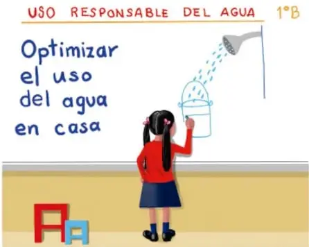Ilustración de una niña junto a un pizarrón que dice 'Optimizar el uso del agua en casa', con una regadera que llena un cubo para reaprovechar el agua; acreditación Raquel García Aguirre y Luis Alcaraz.
