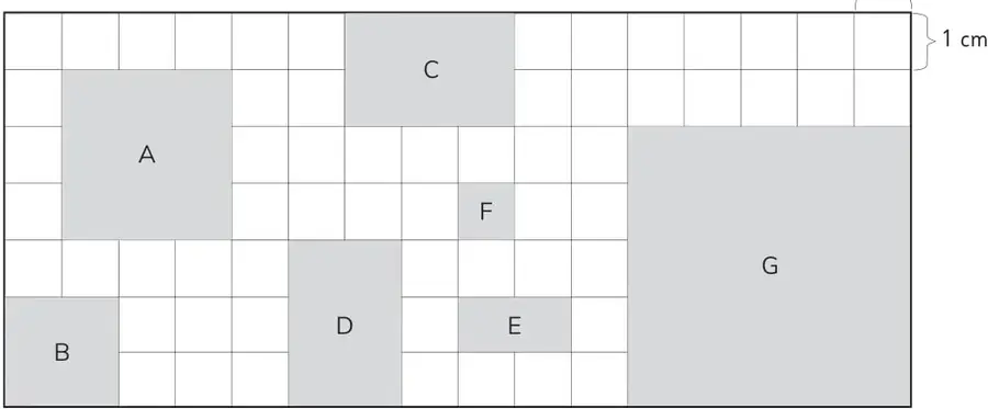 Cuadrícula con siete figuras sombreadas rotuladas A, B, C, D, E, F y G. Cada cuadro mide 1 cm por lado.