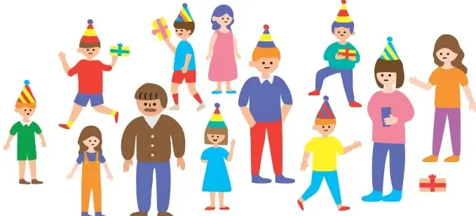 Escena de cumpleaños con 11 invitados: niños y niñas con y sin gorro de fiesta, dos hombres y dos mujeres adultas, uno de los niños lleva un regalo y una señora sostiene un vaso; hay una caja de regalo en el suelo.