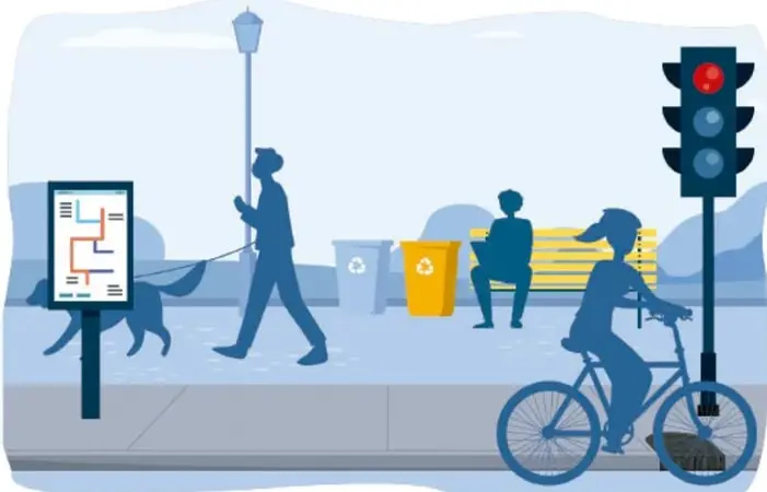 Ilustración de una calle o parque con peatón paseando un perro, persona en biciclica, alguien sentado en una banca, botes de basura y reciclaje, señalética de transporte y semáforo en rojo. Crédito: Isar Emmanuel Díaz Rojas, Guanajuato.