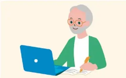 Ilustración de un adulto mayor canoso con lentes y barba, sentado frente a una laptop azul, sosteniendo un lápiz y escribiendo en un cuaderno; representa al cronista que reflexiona y escribe.