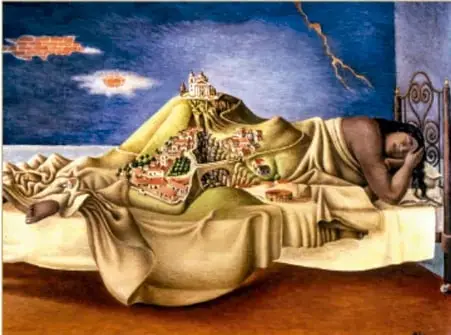 Pintura de Antonio Ruiz 'El Corcito', 'La Malinche. El sueño de la Malinche' (1939): una mujer dormida cuyas sábanas forman el mapa de México con figuras coloniales.
