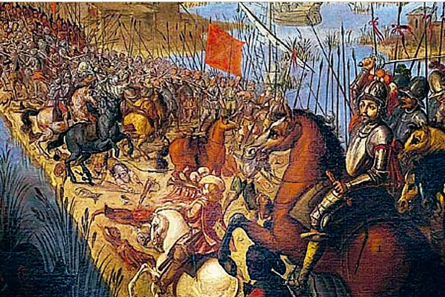 Pintura histórica que muestra una batalla de la conquista: expedicionarios españoles con armadura a caballo, lanzas y bandera roja, combatiendo junto a guerreros indígenas en una orilla junto al agua.