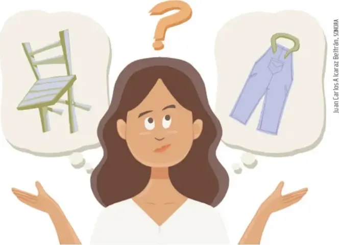 Ilustración de una joven con expresión pensativa; a su alrededor, en burbujas de pensamiento, aparecen una silla de madera (posible escenografía o utilería) y un pantalón colgado (posible vestuario), además de un signo de interrogación, lo que simboliza la decisión sobre los recursos necesarios para la representación. Crédito de la ilustración: Juan Carlos Alcaraz Beltrán, SENERIA.