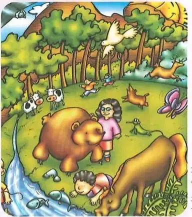 Ilustración de una localidad natural con árboles, plantas, animales como vacas, peces, mariposas y aves, y niños que interactúan con el entorno.
