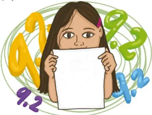 Ilustración de una niña sosteniendo una hoja de papel con calificaciones, rodeada de números y letras.