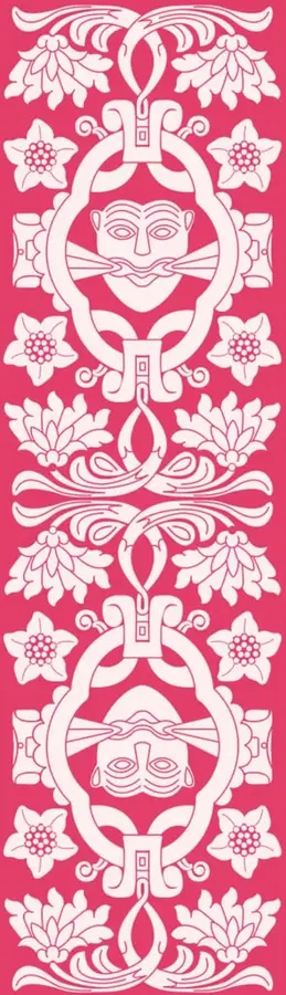 Ilustración decorativa en blanco sobre fondo rosa con motivos florales y dos rostros humanos estilizados enmarcados en óvalos, de estilo artesanal mexicano.