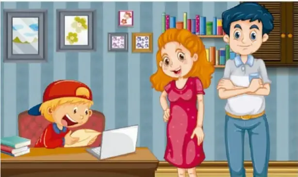 Ilustración de tres niños: uno sentado usando una computadora portátil en un escritorio y dos compañeros de pie, en una habitación con cuadros y estantes de libros, representando la búsqueda de información.