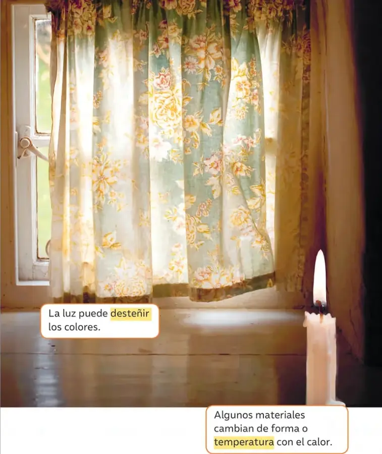 Fotografía de una ventana con cortinas de flores iluminadas por el sol; al costado derecho, una vela encendida. Recuadros de texto señalan que la luz puede desteñir los colores y que algunos materiales cambian de forma o temperatura con el calor.
