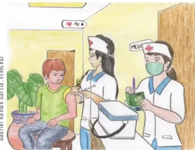 Ilustración de una niña recibiendo la vacuna en el brazo, atendida por personal de enfermería.