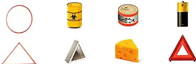 Se muestran un círculo, objetos cilíndricos, una figura triangular y objetos con forma triangular.
