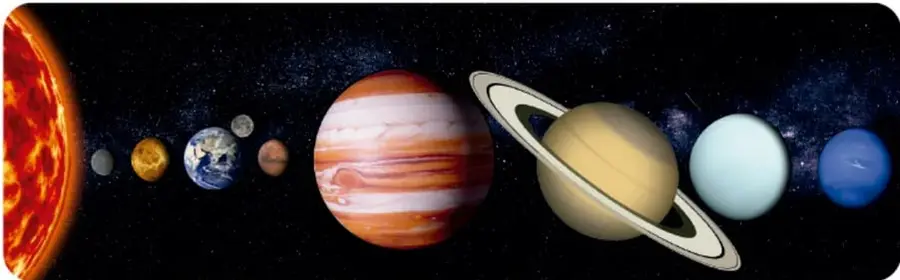 Ilustración del Sistema solar: el Sol a la izquierda y los planetas ordenados por distancia (Mercurio, Venus, Tierra, Marte, Júpiter, Saturno con anillos, Urano y Neptuno).