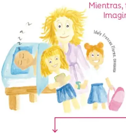 Ilustración de una mamá despertando a sus dos hijos en la cama, con una niña abrazando a la madre.
