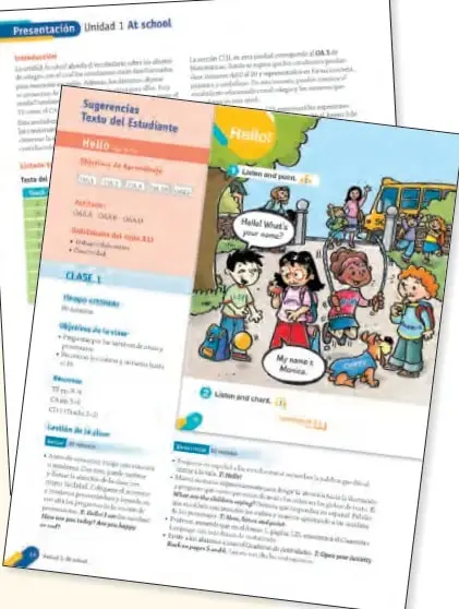 Página de presentación de la Unidad 1 'At school' con sugerencias para el docente y actividades de la clase 1.