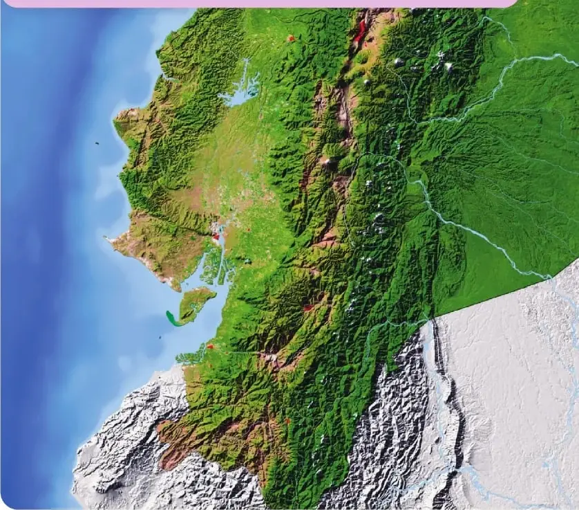Mapa tridimensional del Ecuador en relieve, con colores que representan diferentes alturas y formas del terreno. Se observa la cordillera de los Andes, la costa del océano Pacífico y parte de las regiones naturales del país.