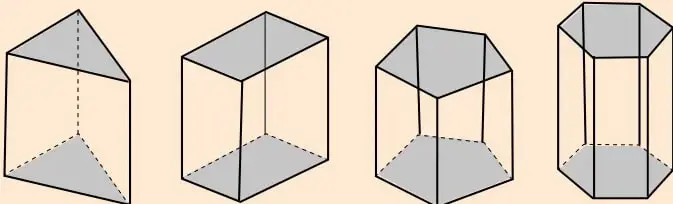 Cuatro prismas dibujados en perspectiva: base triangular, base rectangular, base pentagonal y base hexagonal.